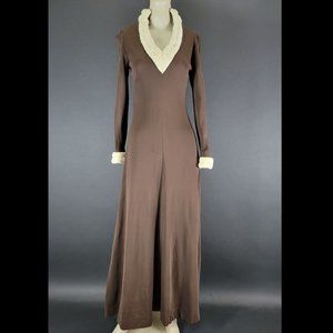 ❗️SOLD❗️70s Brown Long Sleeve Yarn Trim Maxi Dress